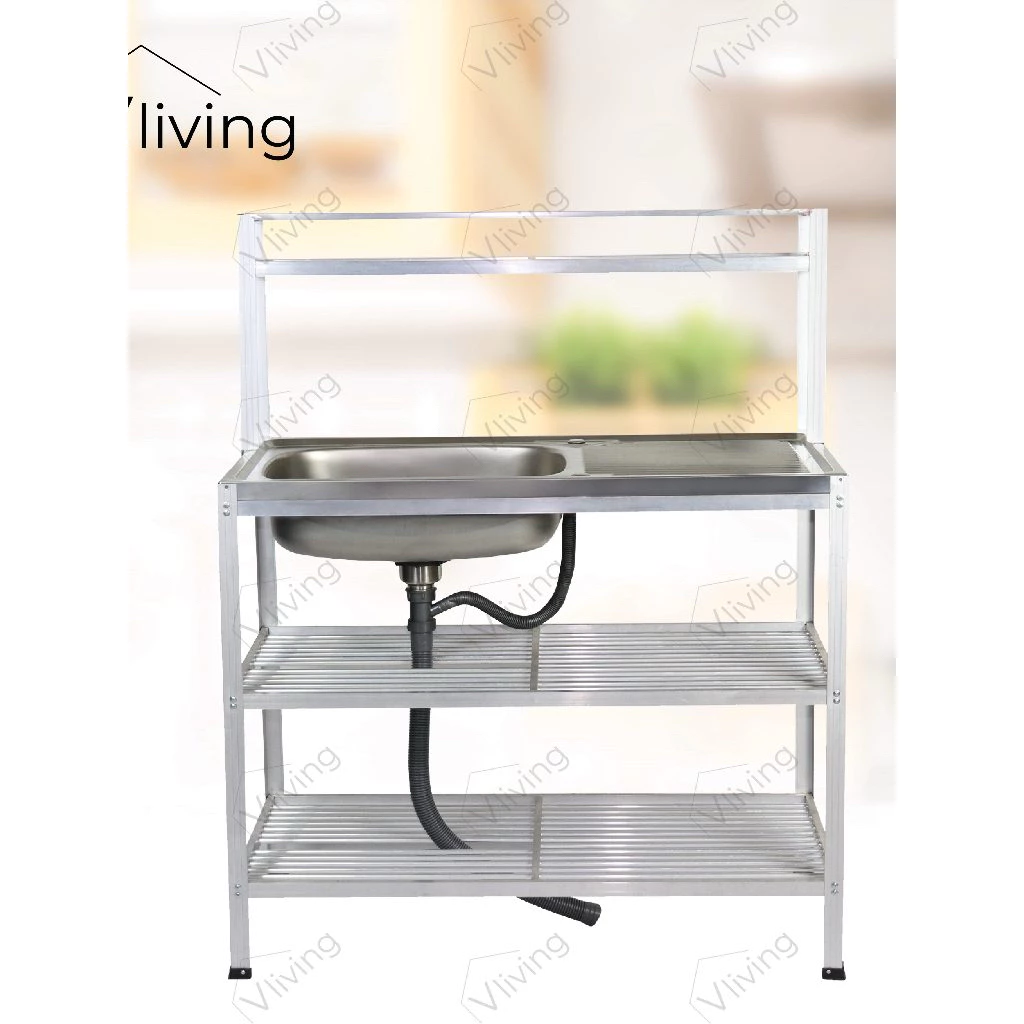Vliving ซิ้งค์ล้างจาน อ่างล้างจาน สแตนเลส 3 ชั้น มีบน 100cm สะดือตะกร้าใหญ่