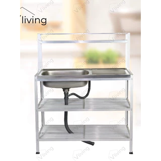 Vliving ซิ้งค์ล้างจาน อ่างล้างจาน สแตนเลส 3 ชั้น มีบน 100cm สะดือตะกร้าใหญ่