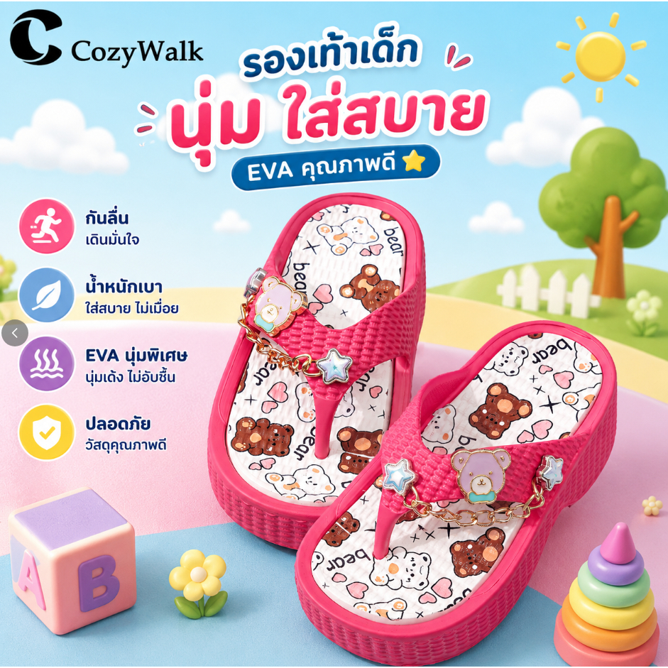 CozyWalk รองเท้าแตะคีบเด็กผู้หญิง EVA พื้นนุ่ม กันลื่น รองเท้าเด็กลายน่ารัก น้ำหนักเบา กันน้ำ ใส่สบาย ขนาด 24-35