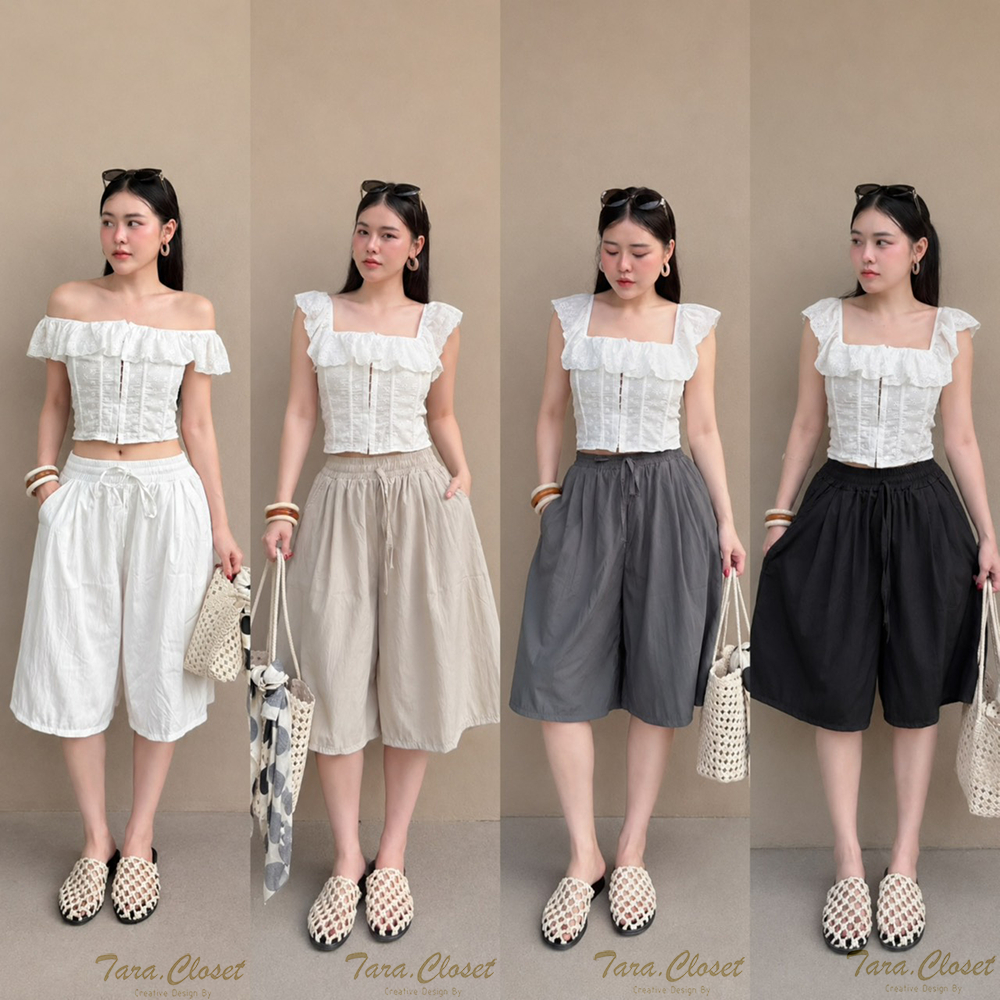 COM535 TARA Pants กางเกงขา 5 ส่วน เอวยางยืด สายรูดใช้งานได้จริง ทรงขากระบอกใหญ่ มีกระเป๋า 2ข้าง เนื้อผ้าครัช ไม่ต้องรีด