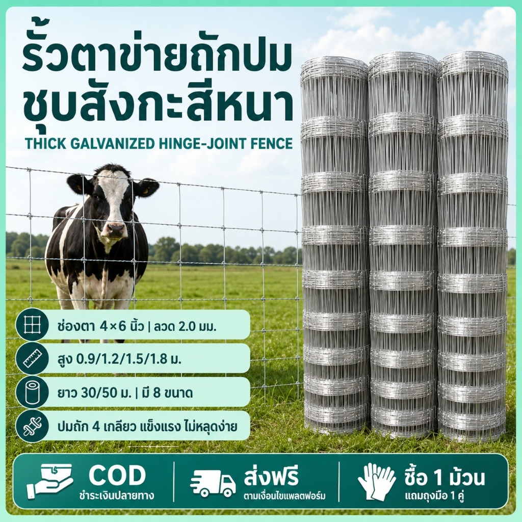 รั้วถักปม รั้วตาข่ายแรงดึง ยาว 30m/50m ลวดตาข่ายถักปม วัสดุชุบสังกะสี ลวดเหล็กล้อมรั้ว ไร่สวนวัว แพะ