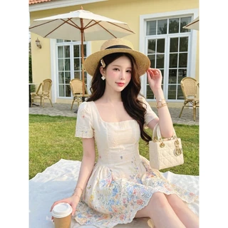 [NITTAYA] V0043 ชุดมินิเดรสกระโปรงคอเหลี่ยมแขนสั้นแต่งลูกไม้ฉลุลายดอกสม็อคแต่งสม็อกหลังมีซับใน สวยหรู ใส่ออกงาน ดินเนอร์