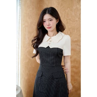 "Romi"Oil" K446 ชุดเดรสสีดำ (คอปกแต่งลายทาง)