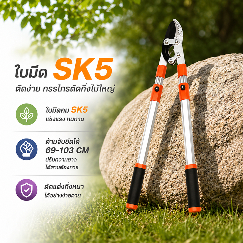 【ตัดกิ่งได้หนาที่สุด！】กรรไกรตัดกิ่งไม้ด้ามยาว ปรับได้ 69-103cm กรรไกรตัดหญ้า SK5 ตัดกิ่งไม้เร็ว ประหยัดแรง