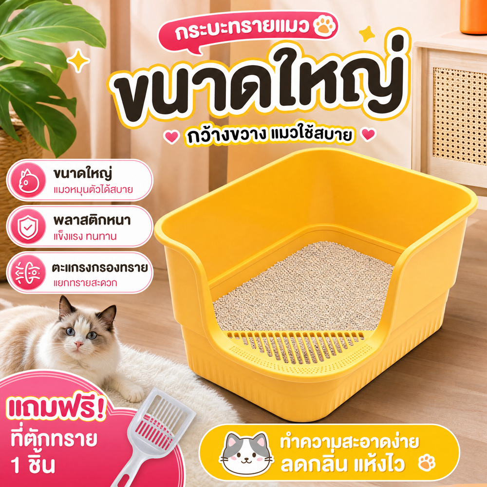 กระบะทรายแมวขนาดใหญ่ พลาสติกหนา แข็งแรง พร้อมที่ตักทรายฟรี 1 ชิ้น กันกลิ่น แห้งไว ใช้สบาย
