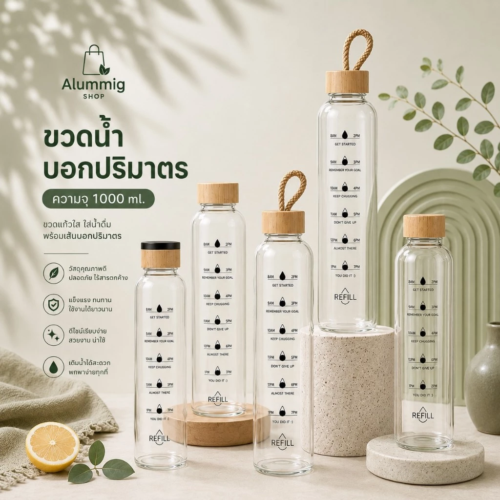 ขวดแก้วสำหรับใส่น้ำดื่มขนาด 1000ml. ดีไซน์สวยงาม มีฝาปิดพร้อมยางกันซืม พร้อมส่งในไทย