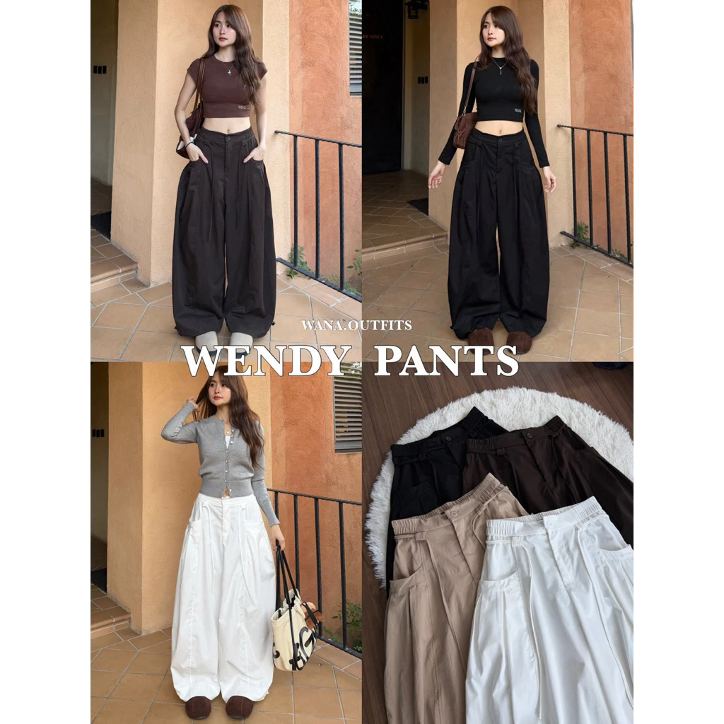 Wana.Outfits - Wendy Pants กางเกงขากระบอกใหญ่เอวสม็อค แต่งจีบหน้า