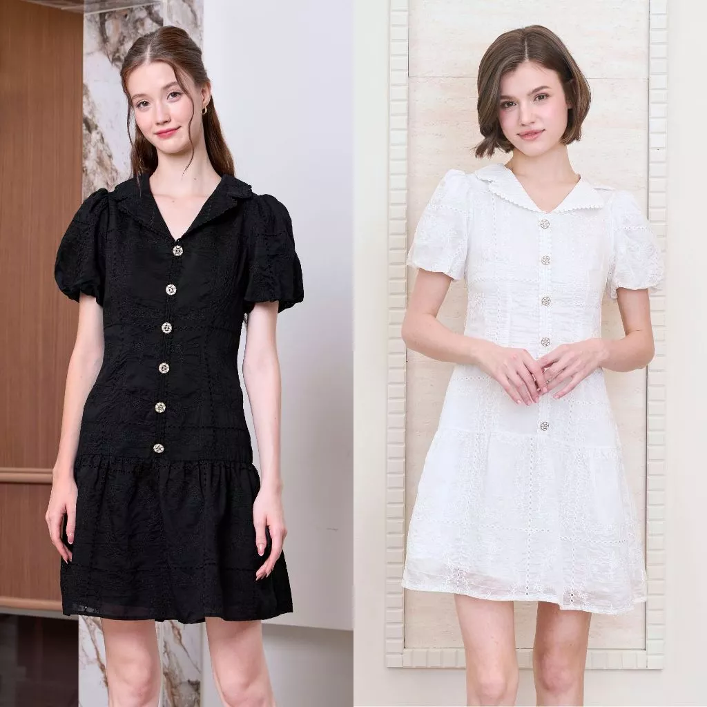 Cheryl brand - Melina Balloon Sleeves Dress in White & Black Lace / เดรสลูกไม้สีขาว,ดำ