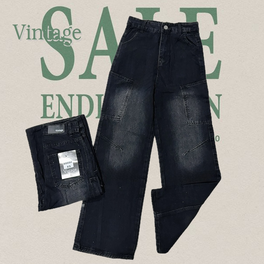 Vintage รุ่น 8809 กางเกงยีนส์ คาร์โก้ ทรงกระบอก สีดำ แต่งเฟดขา ทรงสวยผ้าไม่ยืด กระเป๋าตรง 2 ใบ