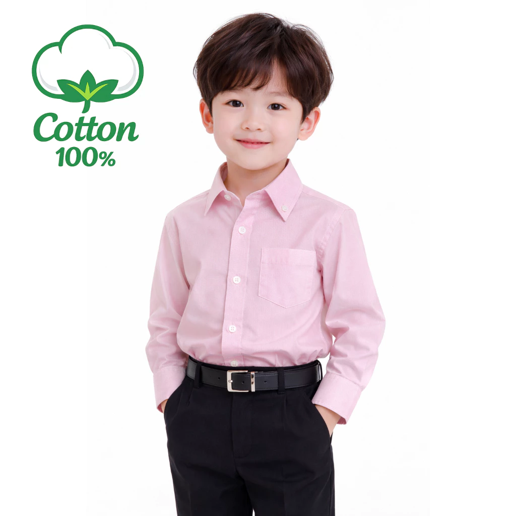 พร้อมส่ง [แถมโบว์หูกระต่าย ฟรี!] เสื้อเชิ้ตเด็กสีชมพูอ่อน แขนยาว ผลิตจาก Cotton 100% ใส่ออกงานได้ BO0670