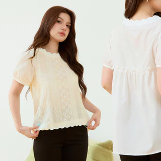 Glucoat | [A615/A822] เสื้อแขนสั้น คอกลมแต่งหยัก แต่งลายเทปฉลุ หน้าสั้นหลังยาว ด้านหลังเป็นสม็อก