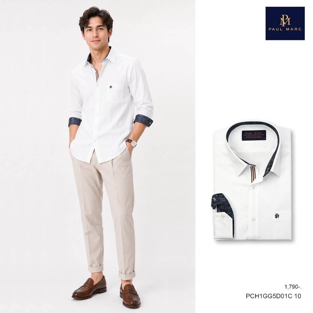 PAUL MARC เสื้อเชิ้ตแขนยาว สีขาว ทำงาน แบบเกาหลี มินิมอล slim fit signature twill รีดง่าย ยับยาก นุ่ม PCH1GG5D01C