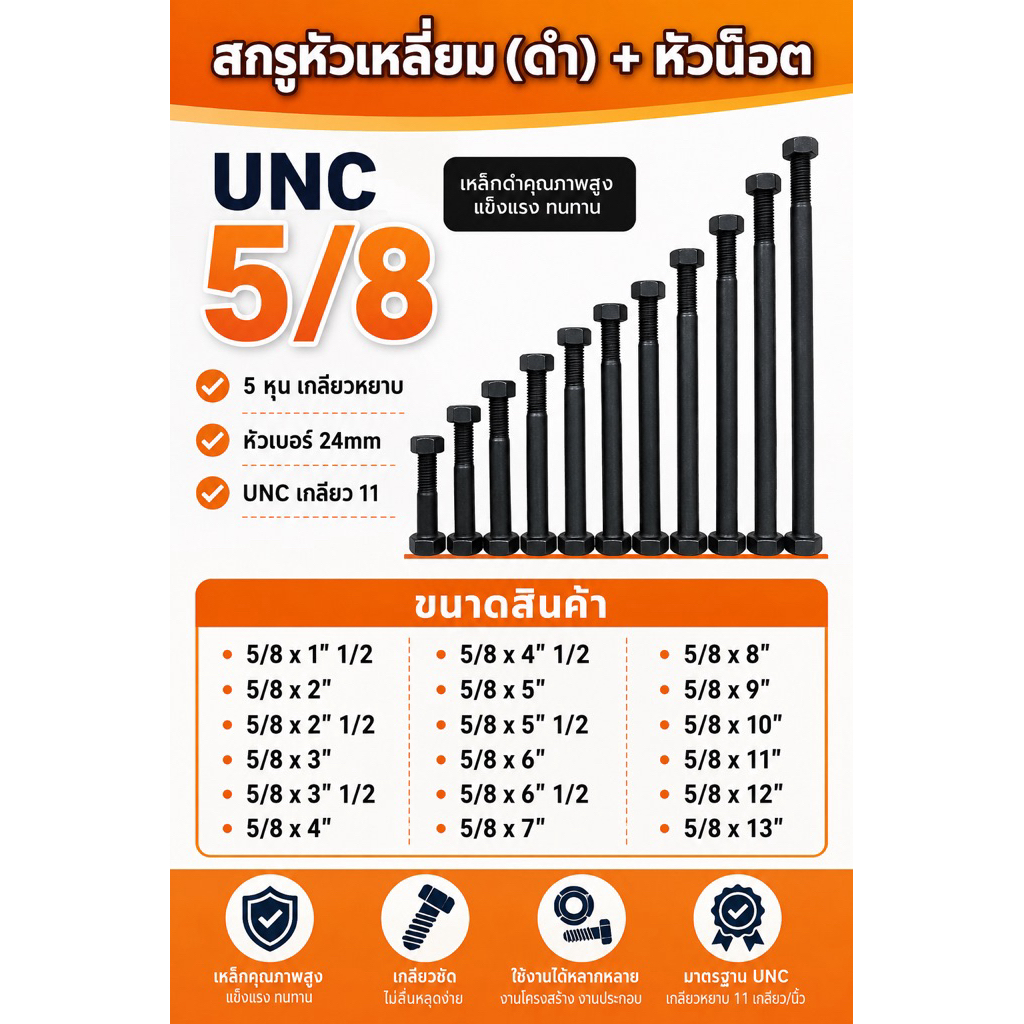 สกรูหัวเหลี่ยมดำ UNC 5/8 (5หุน) เกลียวหยาบ พร้อม หัวน็อต มีความยาวตั้งแต่ 1.5 นิ้ว จนถึง 13นิ้ว