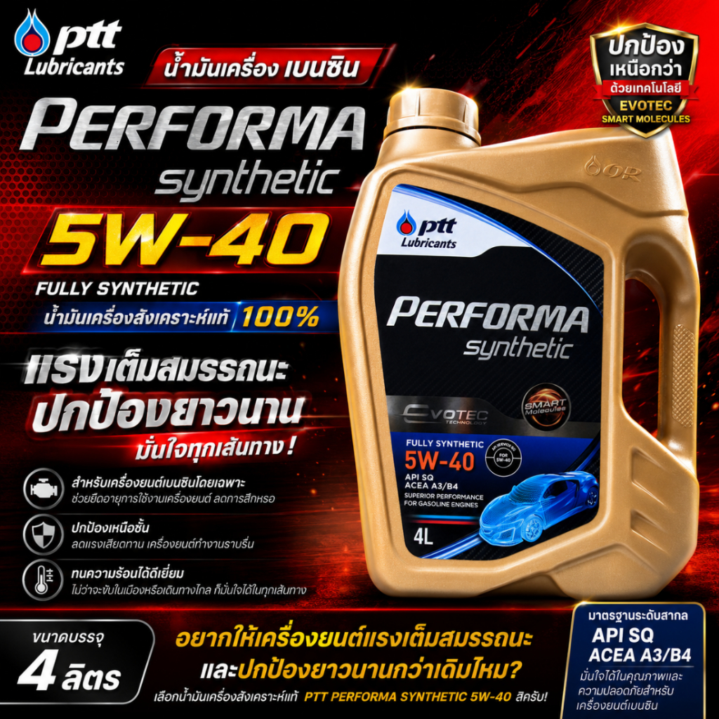 น้ำมันเครื่อง เบนซิน PTT Performa Synthetic 5W-40 ขนาด 4 ลิตร น้ำมันเครื่องสังเคราะห์แท้ 100%