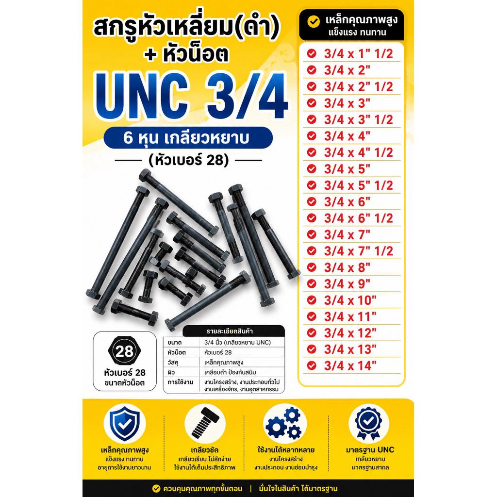 สกรูหัวเหลี่ยมดำ UNC 3/4 (6หุน) เกลียวหยาบ พร้อม หัวน็อต มีความยาวตั้งแต่ 1.5 นิ้ว จนถึง 14นิ้ว