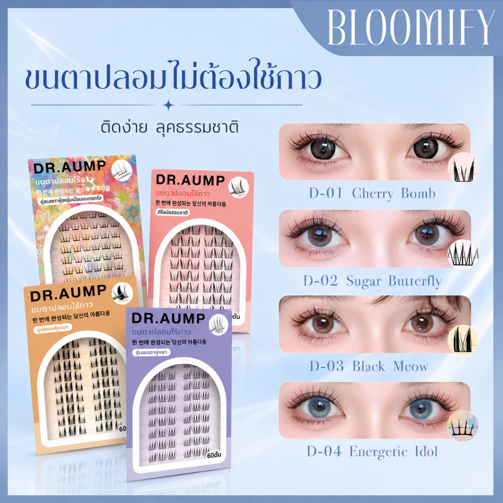 BLOOMIFY ขนตาปลอม ตาโต รุ่นธรรมชาติ ขนตา 3d ขนตาปลอมแบบไม่ต้องใช้กาว ขนตาปลอมมีกาวในตัว