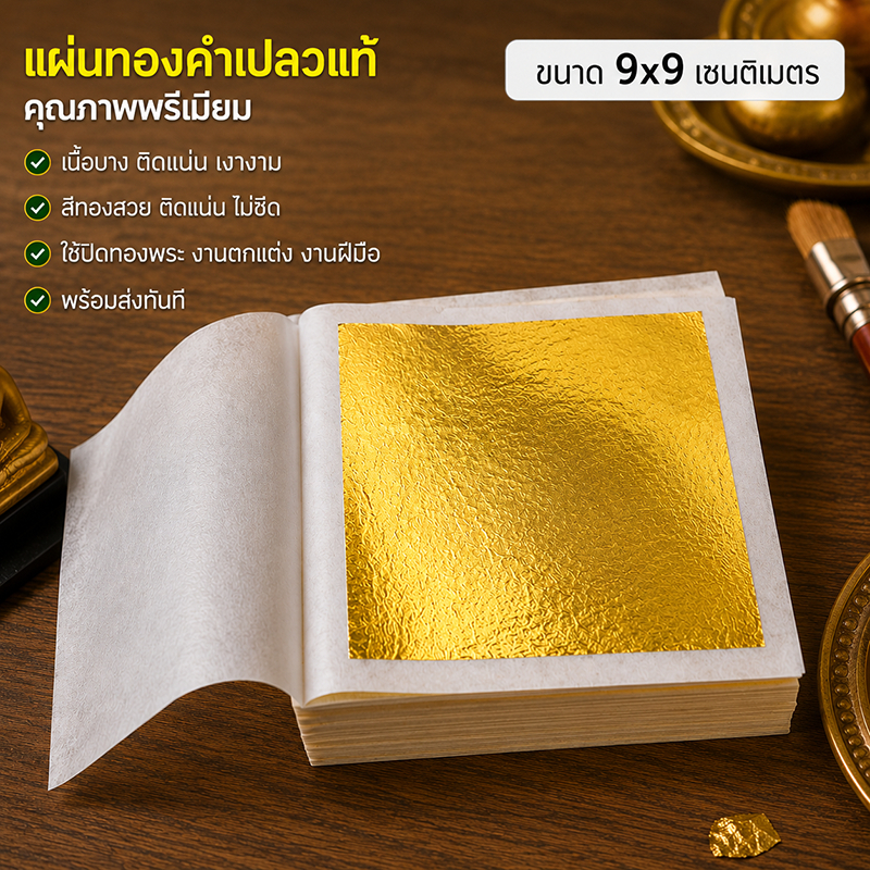 แผ่นทองเปลวขนาด 9x9 ซม. บรรจุ 100/200/500 แผ่น คุณภาพดี สีทองคงทน ใช้ปิดทองหลังพระ เครื่องรูปพระ สำหรับบูชาพุทธ