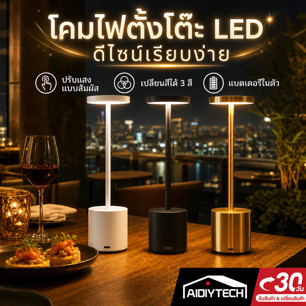 [หรูหราระดับ5ดาว] โคมไฟตั้งโต๊ะ LED ไร้สาย โคมไฟร้านอาหารบาร์ โคมไฟสัมผัสหรูหรา ไฟตกแต่งห้องนอน 3 สี ชาร์จ USB ส่งด่วน