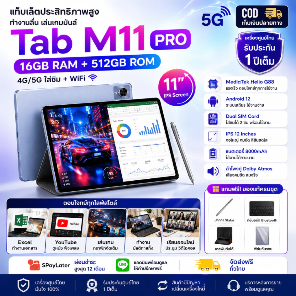 ใหม่เอี่ยม Tab M11 แท็บเล็ต | RAM 16GB ROM 512GB | 4G/5G ใส่ซิม + WiFi | Android | การทำงานที่เสถียร