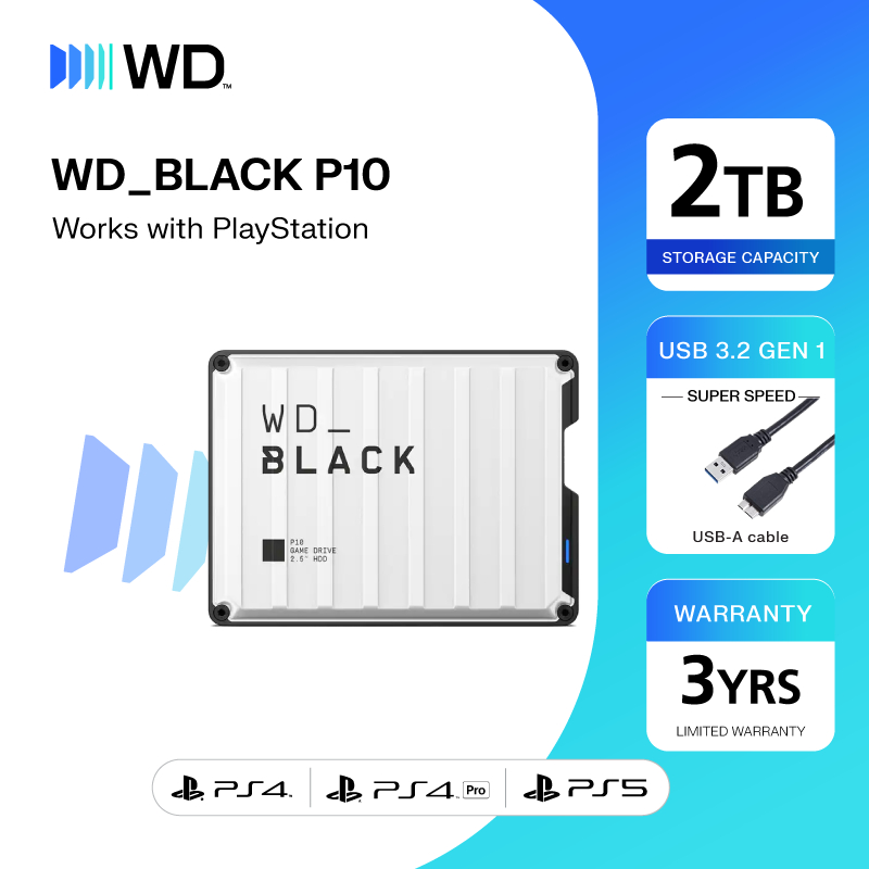 Western Digital WD_BLACK P10 2 TB (สีขาว) Works with PlayStation USB 3.2 Gen 1 External Harddisk ฮาร