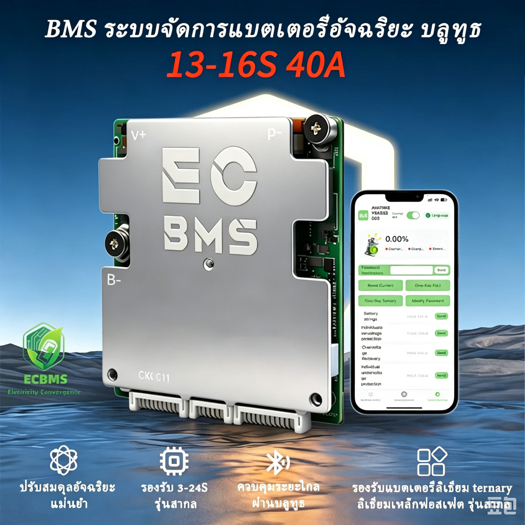 BMS รุ่นใหม่ ของแท้จากโรงงาน EC บอร์ด 4S 12S 16S 24S 40A 100A 150A 200A สำหรับแบตเตอรี่ LiFePo4 แถมพ