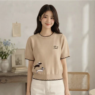 Glucoat | [A919] เสื้อนิตติ้งไหมพรม แต่งขอบหยัก ปักลายน้องหมา