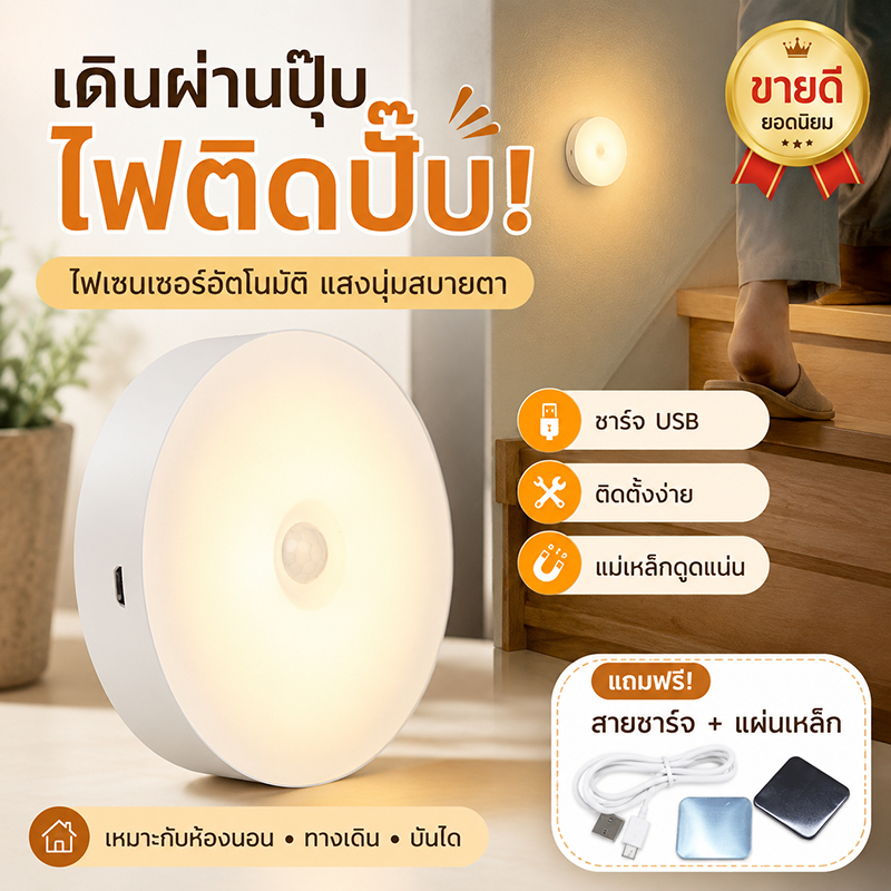 ไฟเซนเซอร์อัตโนมัติ ไฟกลางคืน LED ตรวจจับคน แสงเหลืองนุ่มนวล ชาร์จไฟได้ ติดแม่เหล็ก สำหรับห้องนอน บันได ทางเดิน ไฟบันได