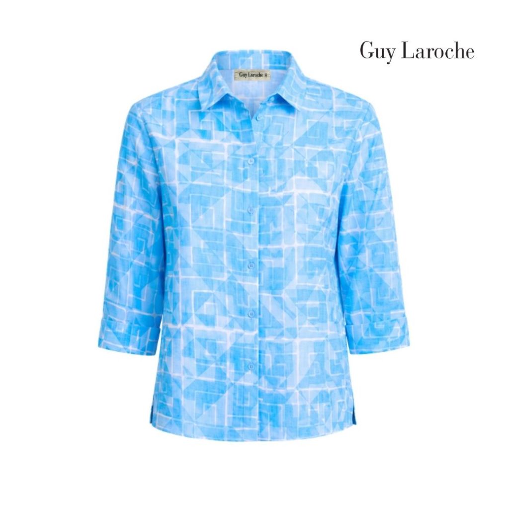 Guy Laroche Woman's shirt Light Linen Cloud Mania เสื้อเชิ้ตผู้หญิง แขนสามส่วน สีฟ้า GD1KBU