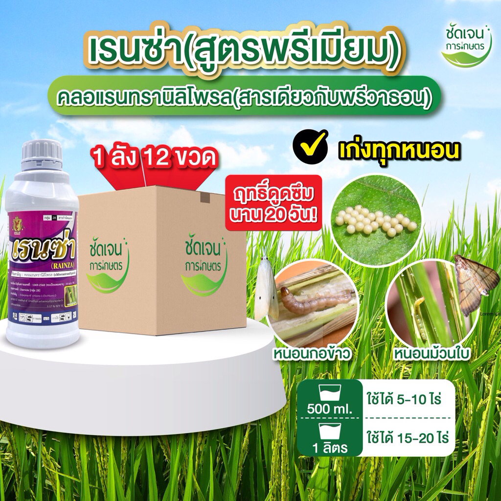 เรนซ่า คลอแรนทรานิลิโพรล (ยกลัง 12 ขวดขนาด 1 ลิตร) หนอนผีเสื้อทุกชนิด ออกฤทธิ์ดูดซึมคุมไข่ พืชไร่ พืชสวน นาข้าว