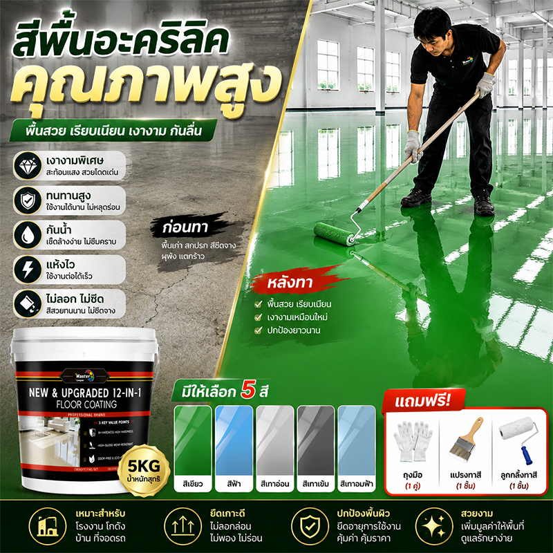 สูตรใหม่ล่าสุด 12-in-1 LacquerMaster สีทาพื้นปูน 1kg ใช้ได้ทั้งภายในและภายนอก กันน้ำกันลื่นทนการสึกหรอ สีทาพื้นอีพ็อกซ
