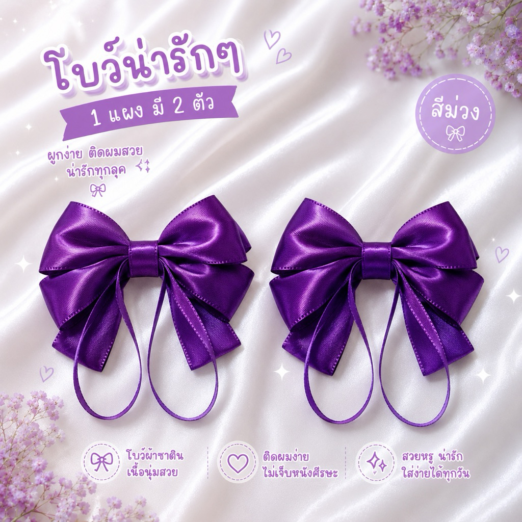 21 โบว์ผ้าซาตินสุดน่ารัก 💜✨ 1 แผง 2 ตัว