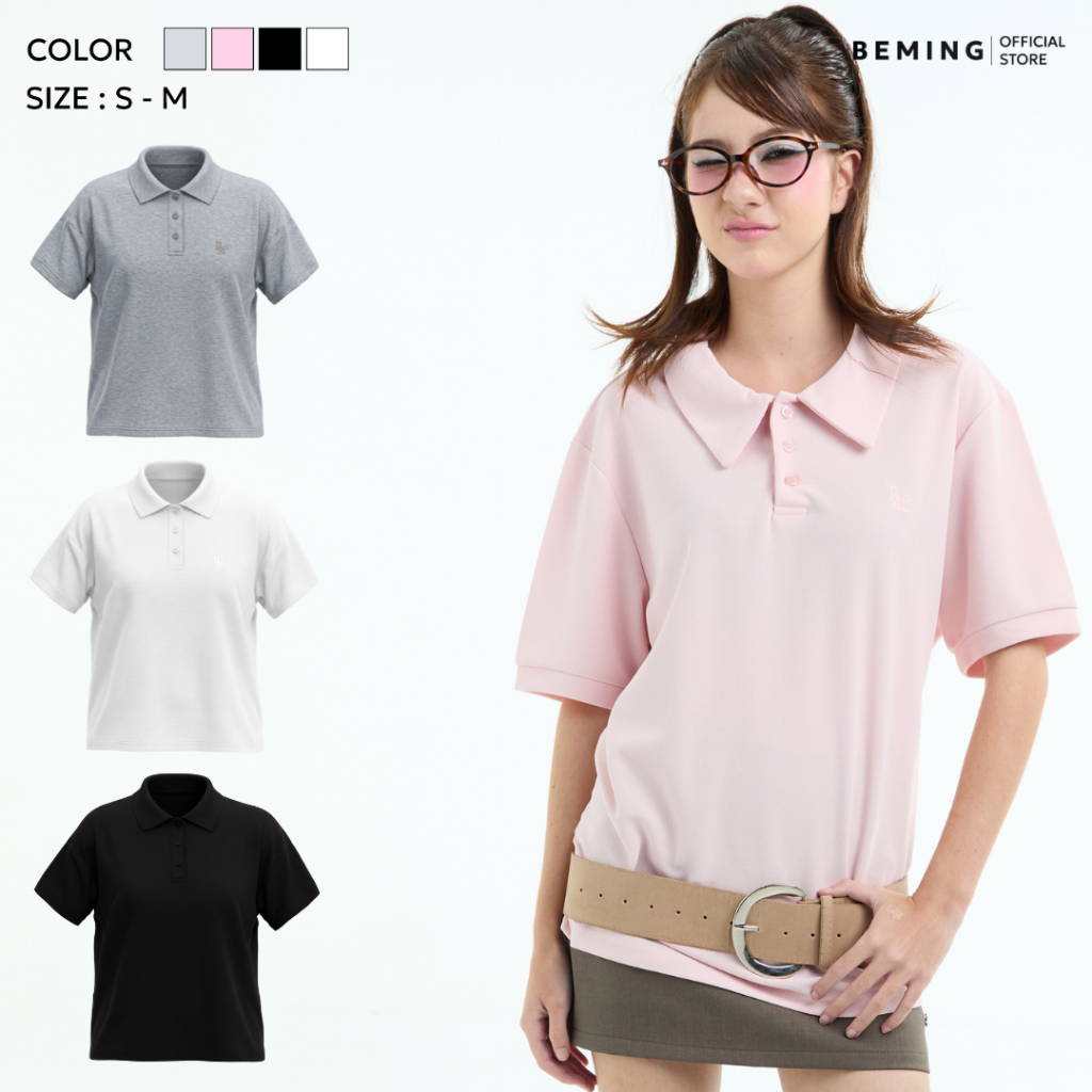 Bemingtop1231(S-M)-Leon Top - เสื้อโปโลทรงโอเวอร์ไซส์ ดีไซน์เรียบใส่สบาย