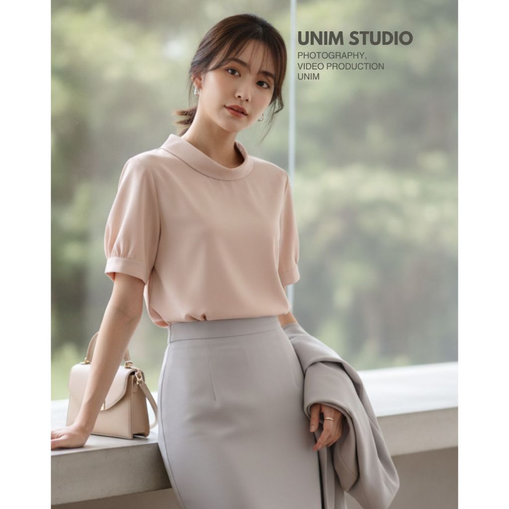 เสื้อUnim คอตลบแขนตุ๊กตา ทรงครอป ชมพูโอรส ผ้า BM