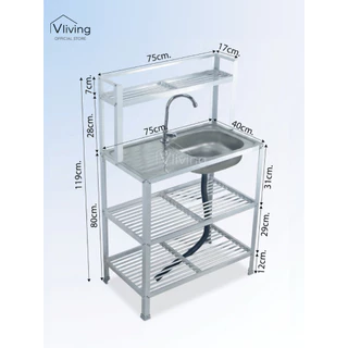 Vliving ซิ้งค์ล้างจาน อ่างล้างจาน สแตนเลสข้างทึบ 3ชั้น กลาง มีบน โครงอลูมีเนียม