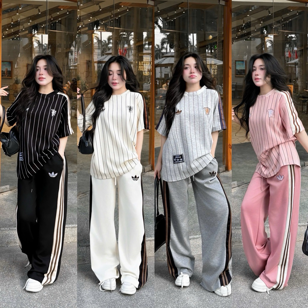 ชุดเซทลายทางเสื้อปักโลโก้ + กางเกงขายาวแถบข้างผ้านิ่มหนาไม่บางงานละเอีดใส่สบาย
