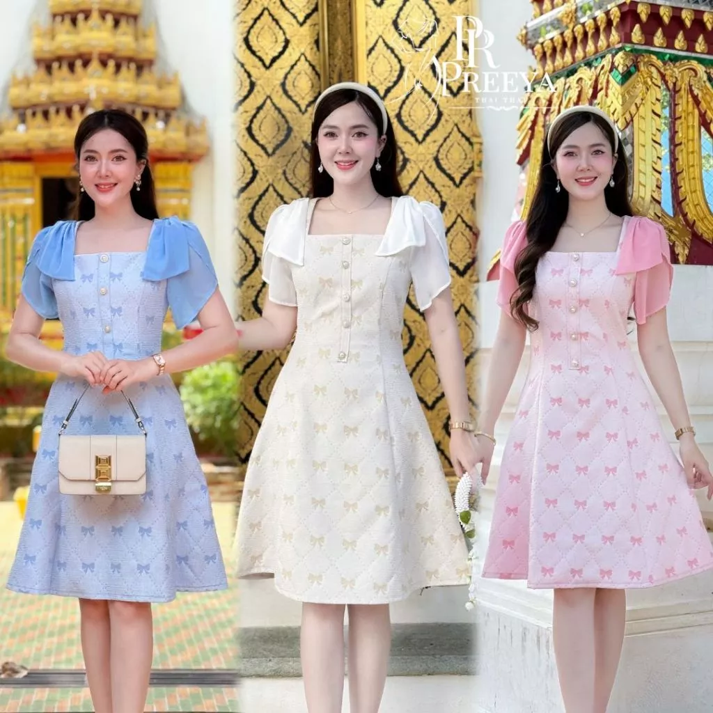 D04 ชุดผ้าไทย แบรนด์ปรียา เดรสผ้าแจ็คการ์ด (Jacquard) ทิ้งตัวสวย ใส่สบาย คัตติ้งเนี๊ยบ มีไซส์ S-2XL ชุดเดรสทำงาน