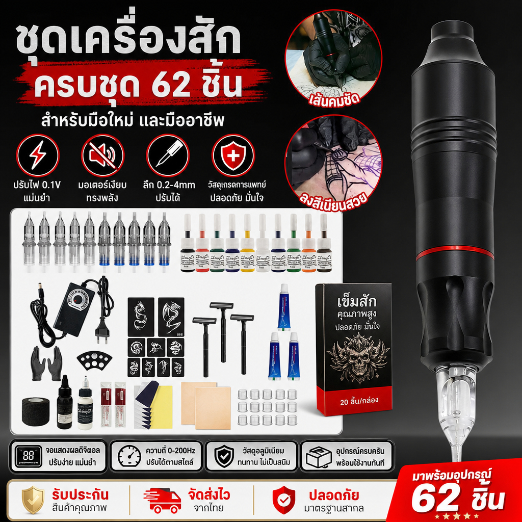 ชุดปากกาสักลาย 62ชิ้น ปากกาสักอะลูมิเนียม พร้อมแหล่งจ่ายไฟ ปรับแรงดันได้ อุปกรณ์สักครบชุด สำหรับมือใหม่และช่างสักมืออาชี