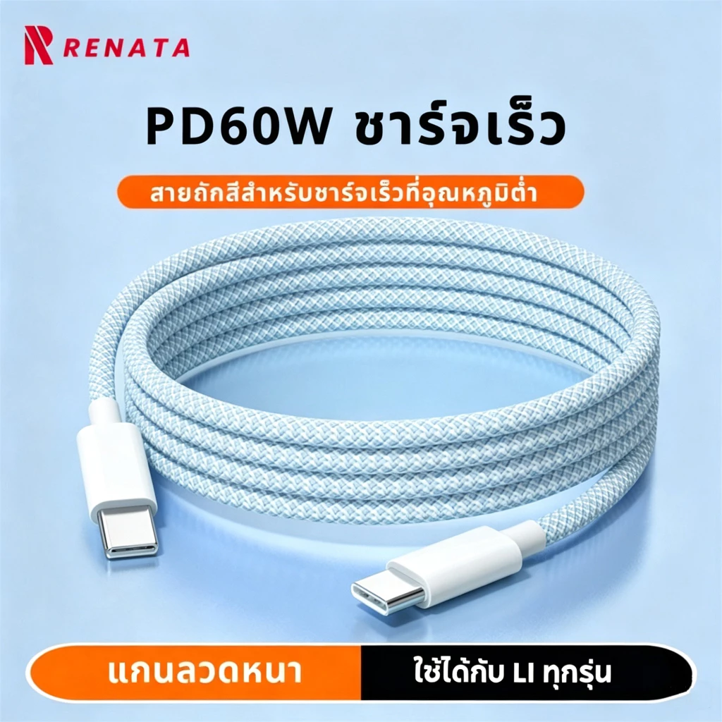 สายชาร์จ สีพาสเทล ชาร์จเร็ว 66W PD ความยาว 1/1.5/2 เมตร Type-C เป็น Li.Type-C เป็น Type-C ใช้ได้กับ i&P 8–17 ชาร์จเร็ว