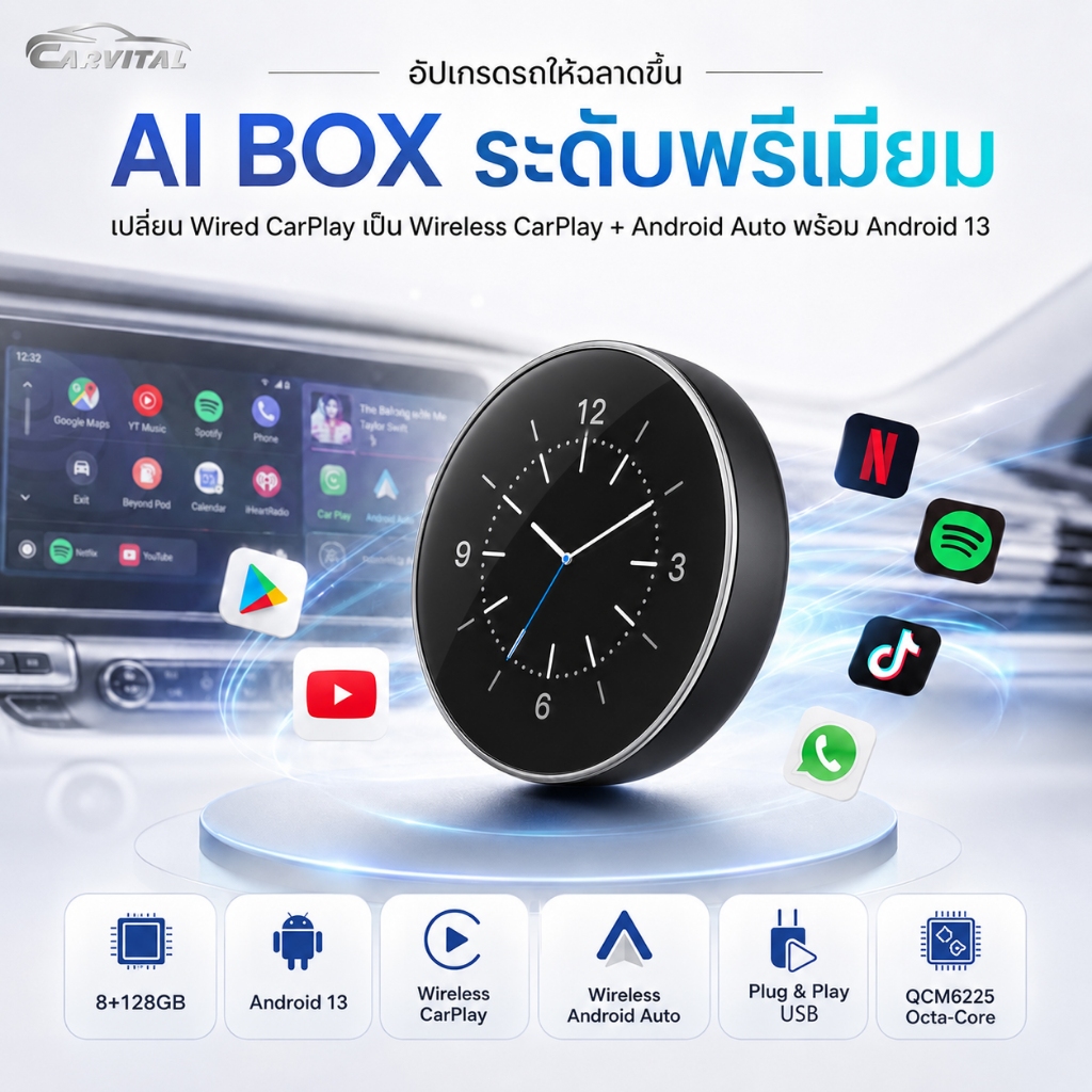 กล่องทีวีติดรถ CarPlay Ai Box Android 13 8+128GB Android Auto QCM6225 4G LET GPS Netflix YouTube