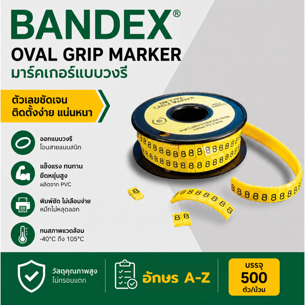 BANDEX Oval Grip Marker มาร์คเกอร์แบบวงรี รุ่น GM-1 บรรจุ 500 ตัว/ม้วน (A-Z)