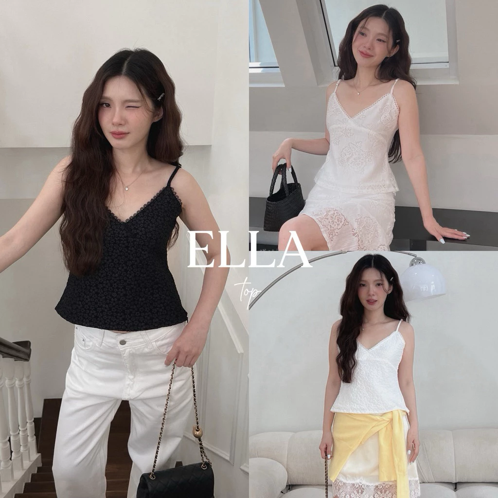 SHOP.POPO-Ella top เสื้อสายเดี่ยวคอวีขอบลูกไม้ตรงอกซิปข้าง