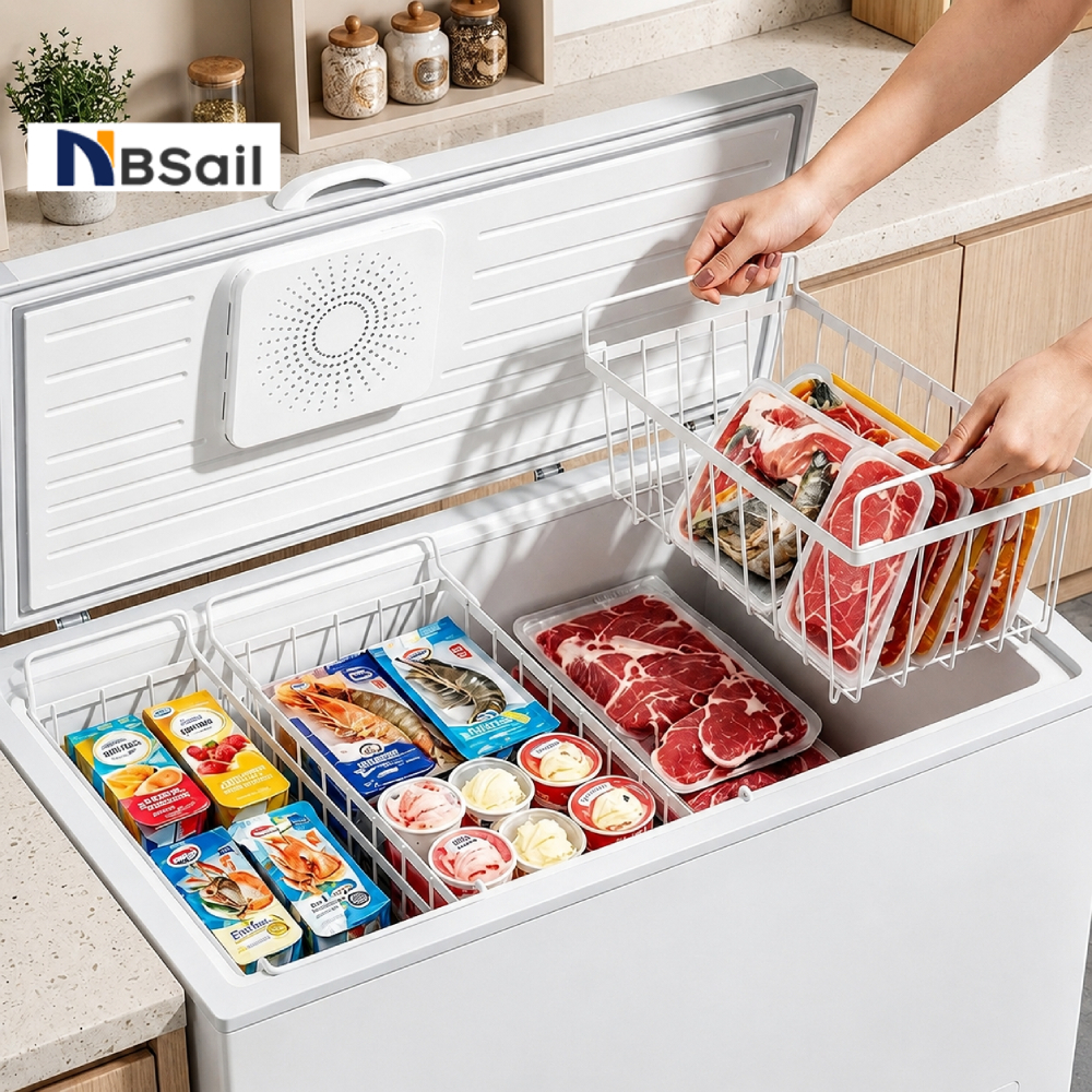 NBSail 4แพ็ค ตู้แช่แข็งตะกร้าแบบซ้อนกันได้ ตะกร้าเก็บของ ตู้เย็นตะกร้าเก็บห้องครัว ตู้แช่แข็งลึกและรับอาหารแช่แข็ง
