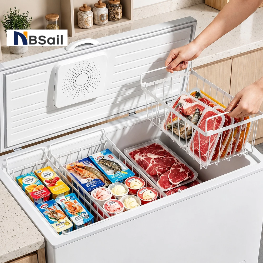 NBSail 4แพ็ค ตู้แช่แข็งตะกร้าแบบซ้อนกันได้ ตะกร้าเก็บของ ตู้เย็นตะกร้าเก็บห้องครัว ตู้แช่แข็งลึกและรับอาหารแช่แข็ง