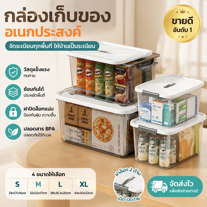 ลังเก็บของพลาสติกมีฝาปิด มีตัวเลือกสีโปร่งใสและสีเทา เป็นกล่องเก็บของอเนกประสงค์ มีหลายขนาดให้เลือกใช้งานตามความเหมาะสม