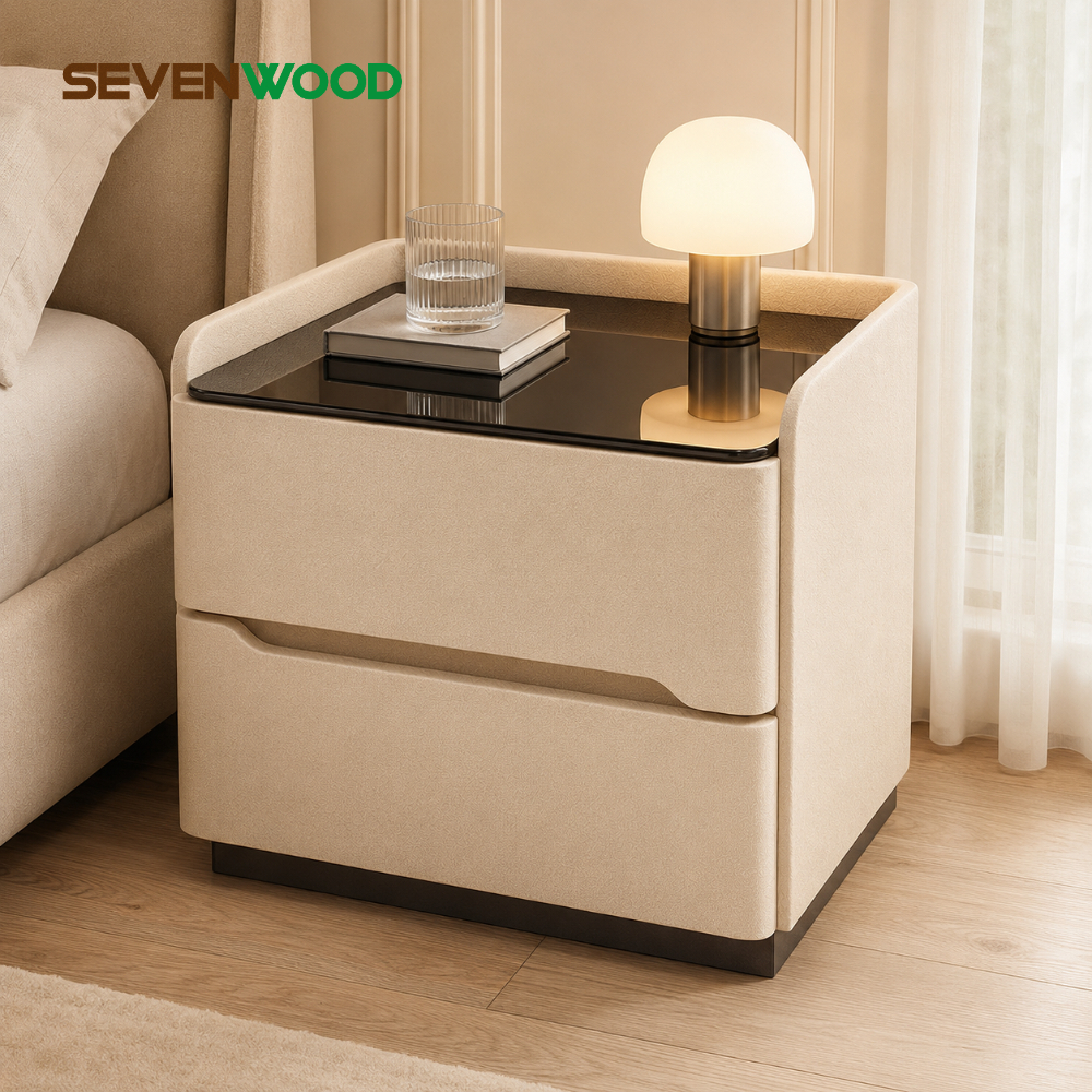 SEVENWOOD โต๊ะข้างเตียง ตู้ข้างเตียง 2 ลิ้นชัก ขนาด 45x40x48 ซม. ท็อปกระจกดำ พอร์ต USB ไฟเซ็นเซอร์ สีแชมเปญ ห้องนอน