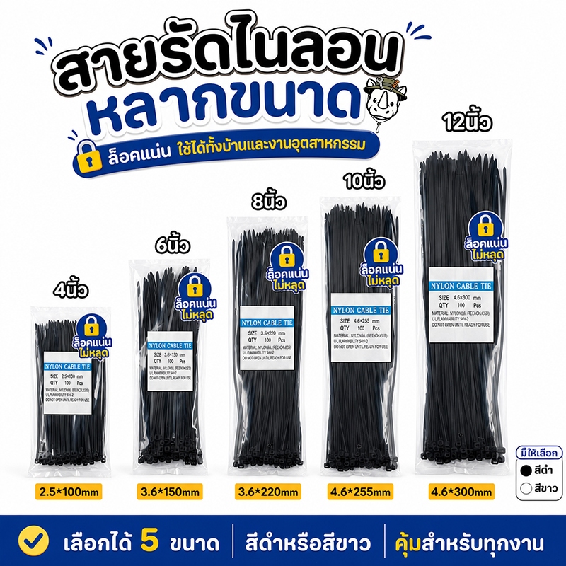 สายรัดพลาสติก (เคเบิลไทร์) เกรดเหนียวพิเศษ ทนทาน ไม่ขาดง่าย 