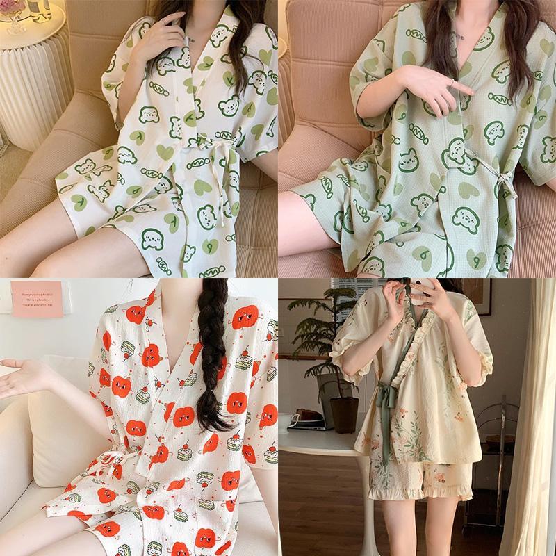 ชุดนอนชุดกิโมโนญี่ปุ่นกางเกงขาสั้นสตรีแขนสั้นหวานสองชิ้นเสื้อผ้าบ้าน