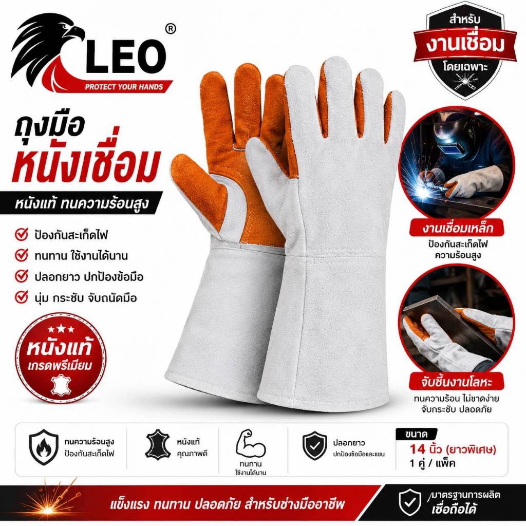 [ยกโหล] ถุงมือหนัง สั้น/ยาว 12นิ้ว สำหรับช่างเชื่อม หนังขุย งานเชื่อม