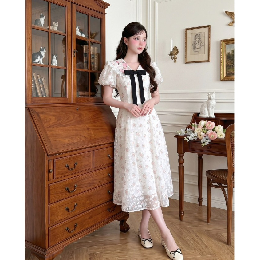 (มี3XL) Hong Chompoo Dress เดรสผ้าชีฟองสีขาวมีกระเป๋าข้าง 2 ฝั่ง ปกปักลายหงส์ แต่งโบว์ดำ แขนสั้น ซิปหลัง มีซับใน