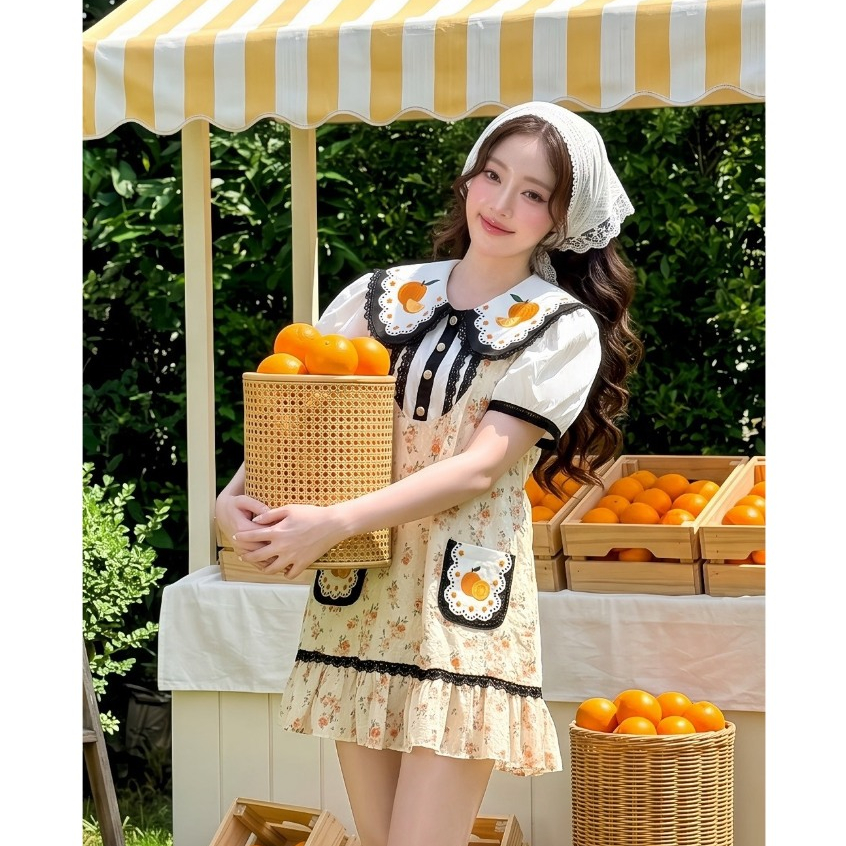 (มีถึง3XL) สีครีมส้ม Yusu Yusu Dress เดรสทรงปล่อยผ้าชีฟองพิมพ์ลาย ปกปัก แขนสั้น กระเป๋าปัก มีซับใน ซ